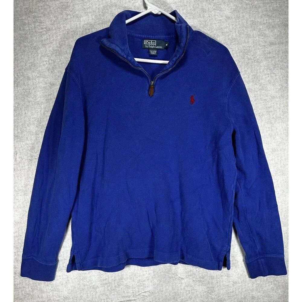 Ralph Lauren Polo Men's 1/4 Zip Pullover Medium Blue Red Pony Sweatshirt Cotton